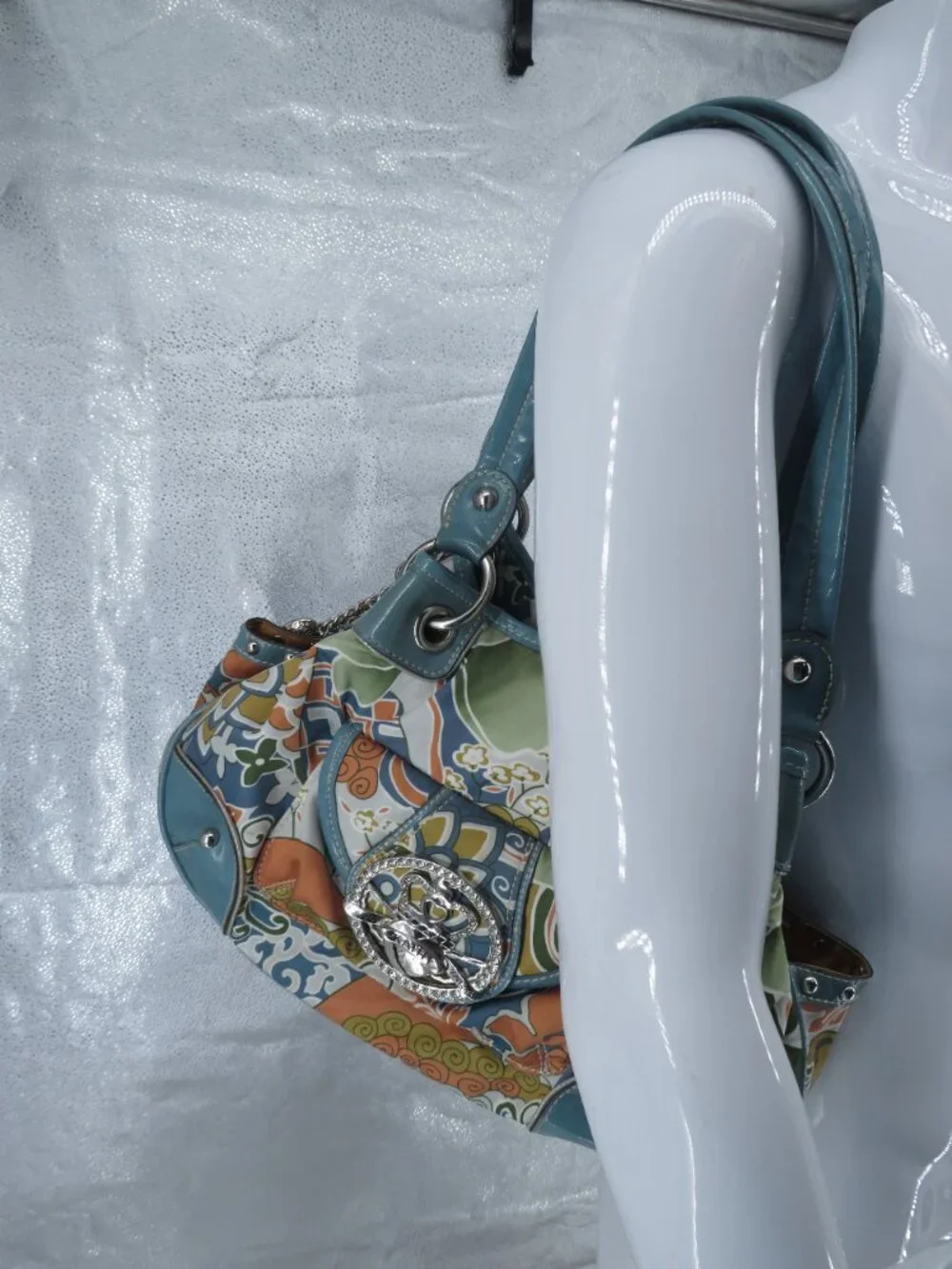 Vintage Kathy Van Zeeland Y2K Floral Hobo Satchel Bag Rhinestone Crown Logo Teal